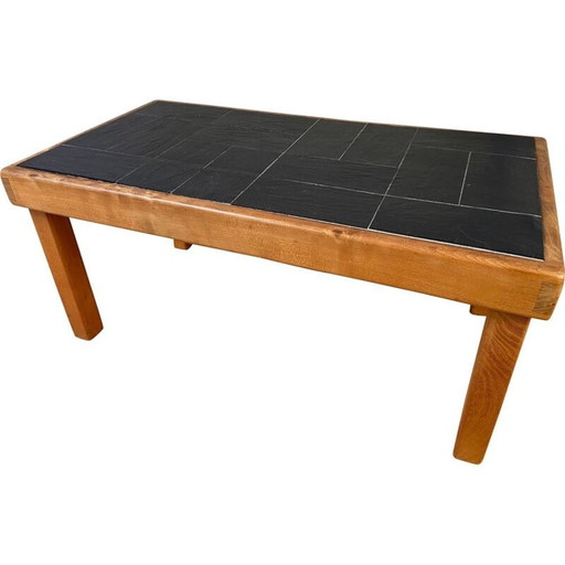 Vintage iepenhouten en leistenen bijzettafel van Pierre Chapo, 1980