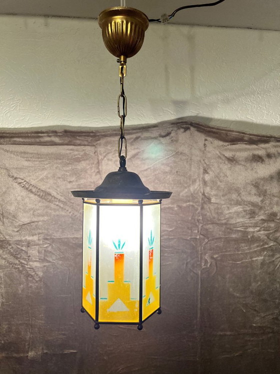Lampada a sospensione anni '30 stile Amsterdamse School – Lampade a sospensione, Vetro, Metallo (photo 9 of 9)