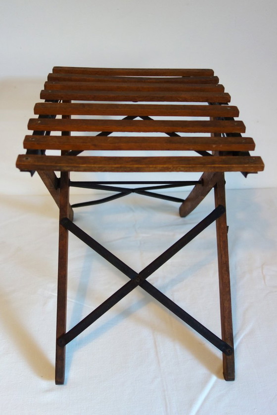 Folding Stool with Carry Handle, 1930-1940, Wood, Metal, Brown, Vintage (photo 2 of 8)