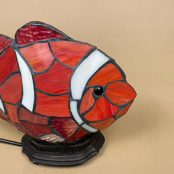 Image 1 of Tiffany Style Clown Fish Lamp Light Bedside Table Patterned Glass Shade Metal Base Brass Antique Pattern Vintage Lampshade Multi