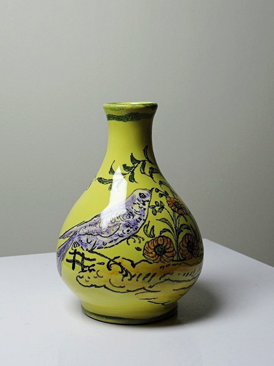 Image 1 of Small ceramic vase signed Henri Siffre Montpellier, bird decoration, 1950s-60s
