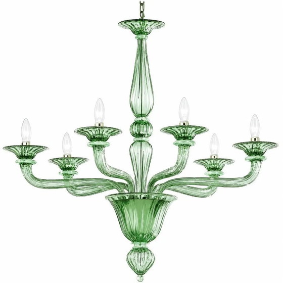 Image 1 of Lámpara de araña escultórica lineal “Rigadin” de cristal de Murano verde