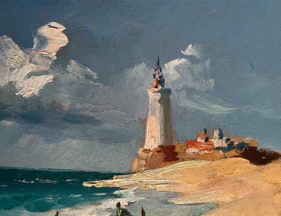 Image 1 of Peinture à l'huile originale, paysage marin d'été, bateaux au phare