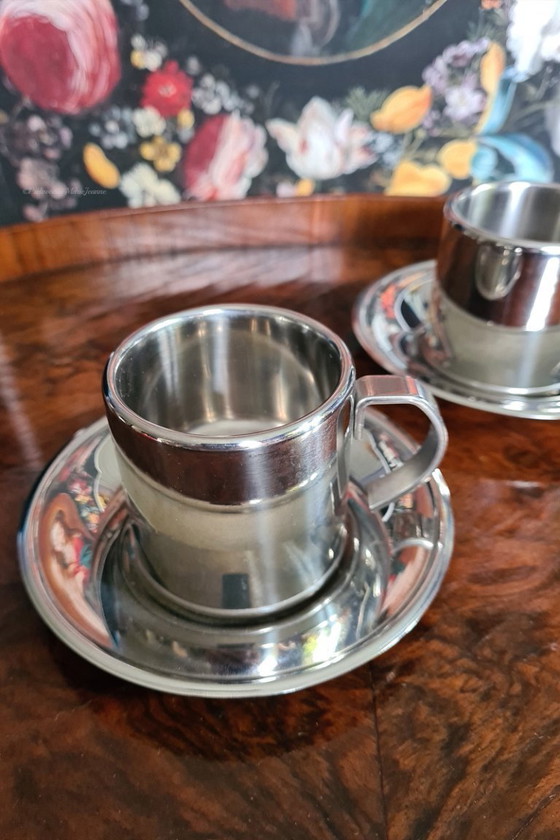Image 1 of Design MEBER ITALY set (2+2) steel 18-10 double-walled espresso cups with saucer