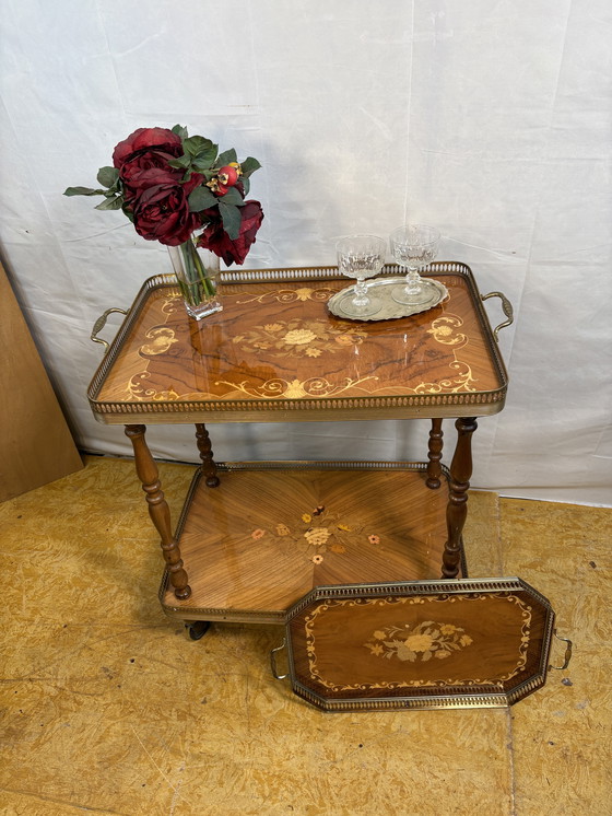 Image 1 of Vintage Italian Inlaid Wood Serving Trolley with Removable Tray Mid-20th Century  A wonderfully elegant piece of mid-century Ita