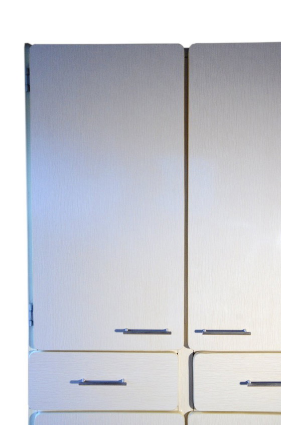 Formica kast met 4 deuren en 2 lades, wit met beige nerf, B78xD40xH175cm – Opbergkast, Metal, Wood (photo 7 of 11)