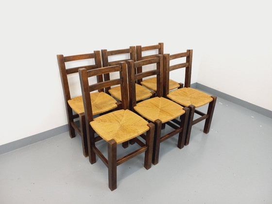Image 1 of Set of 6 vintage brutalist chairs in solid oak and straw from the 60s