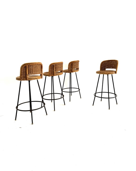 Set Van 4 Vintage Barkrukken, Rotan & Smeedijzer ‘60 – Rattan, Wicker (photo 4 of 10)