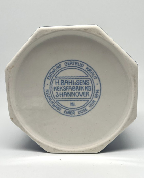 Image 1 of Bahlsen porseleinen koekjespot – Ontwerp door Gertrud Kraut (1914) – Blauw en wit – Duitsland