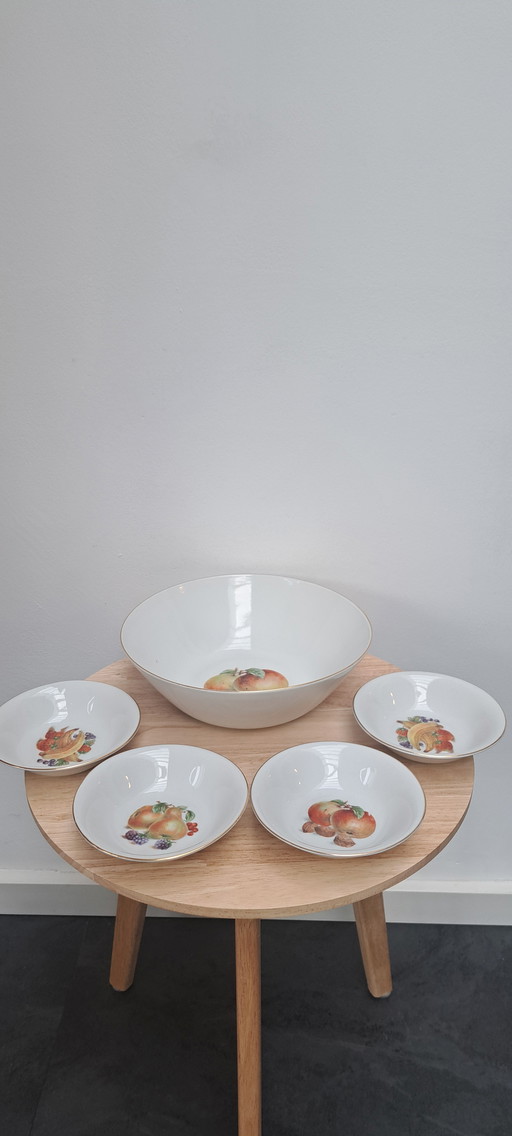 Bavaria Winterling Vintage Puddingset – 1 Schüssel + 4 kleine Schüsseln – Fruchtmotiv – Porzellan