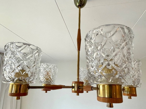 Image 1 of Mid-Century Swedish Chandelier in Teak, Brass & Pressed Crystal — 1960s Scandinavian Lighting