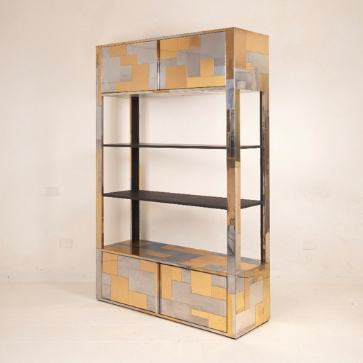 Librería Paul Evans Cityscape de Latón y Acero Inoxidable, Primera Serie, 1971
