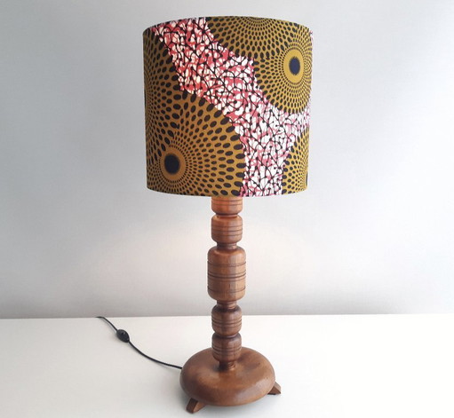 Unique vintage wooden lamp base with handmade lampshade made of African wax fabric