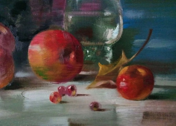 Peinture à l'Huile Originale Bouteilles en Verre Fruits Nature Morte – Peintures et dessins, Canvas (photo 5 of 7)