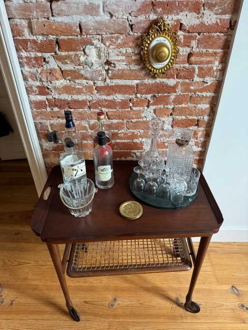 Vintage wooden mid-century modern barwagen drinks cart 