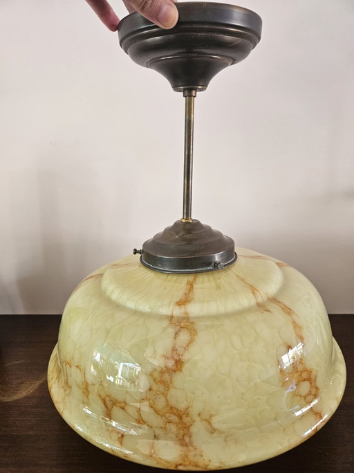 Wunderschöne, originale Art-Deco-Pendelleuchte – hanglampen, Glass, Metal (photo 2 of 8)