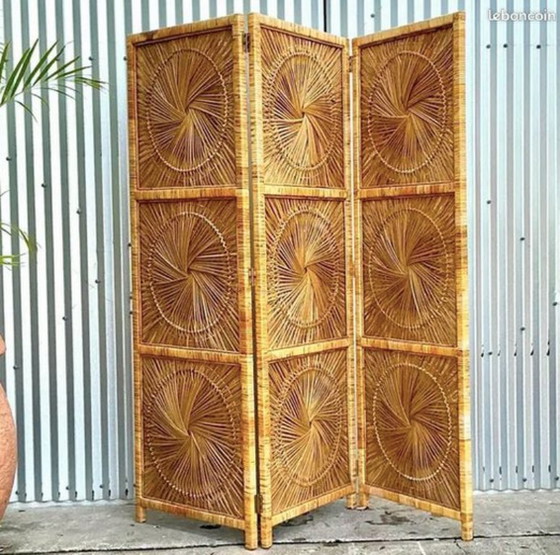Image 1 of Dreiteiliger Faltparavent aus Rattan und Holz