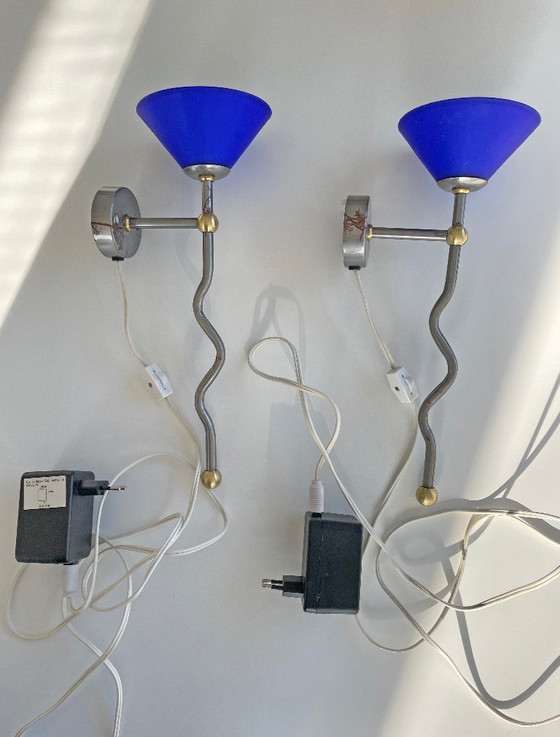 Image 1 of 2x vintage design LAMPS Belid blue PostModern 80s 90s retro