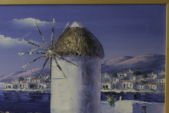 Image 1 of Dipinto ad olio originale "Mulino a vento greco in riva al mare" - Firmato da Nicolaoy - Incorniciato