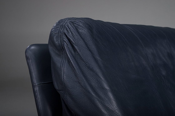 Image 1 of  Danish Teak and Navy Blue Leather 3-Seater Sofa from Komfort, 1970s