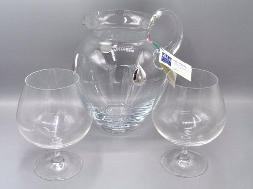 Karaf van geblazen glas met 3 druppels van 925 zilver en 2 proefglazen van geblazen glas.