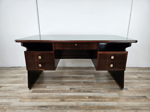Art Decò executive desk in exotic wood, glass, and brass
