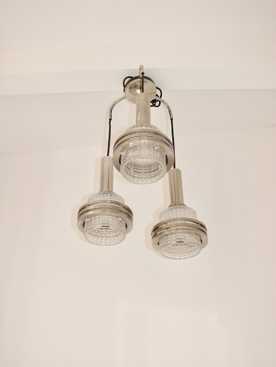 Image 1 of Moderne hanglamp, jaren 70, metaal en glas, 3xE27