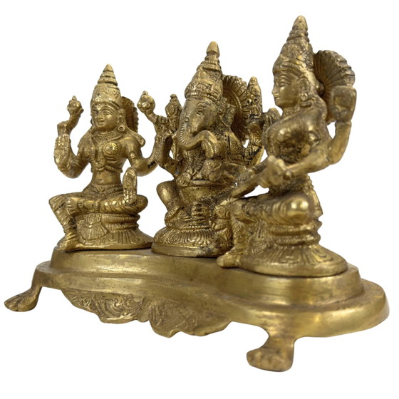 Pesada estatua india de altar de latón de Ganesha, Lakshmi y Saraswati - 3 kg (antigua) – Objetos decorativos (photo 9 of 11)