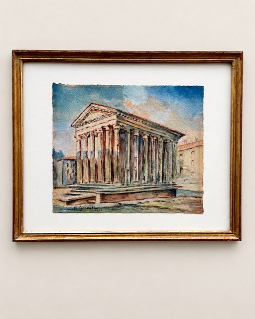 Vintage Frans Aquarel – Maison Carrée Nîmes – H. Garnier 1931