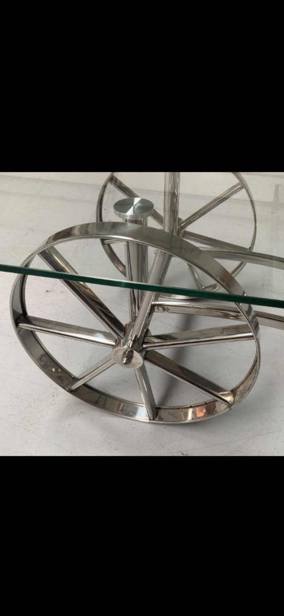 Image 1 of Tavolo in vetro con base in acciaio inox e ruote, design Cobb & Co / Gae Allentown Style