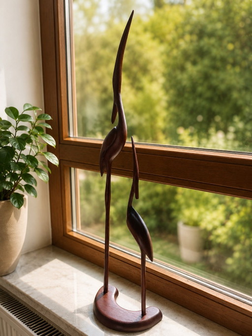 Deens design uit het midden van de 20e eeuw – Teakhouten kraanvogels, sculpturen van 72 en 46 cm