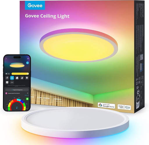 Govee LED RGBIC Ceiling Light, Smart Ceiling Light 30cm, 2400LM 2200-6500K Ceiling Lamp with 16 Million DIY Colors, Lu