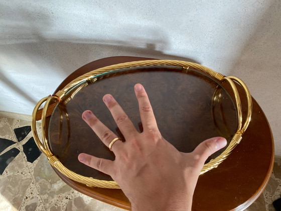 Plateau de service vintage Scalella Firenze en loupe de bois plaqué or 24 carats – 36 cm (photo 11 of 15)