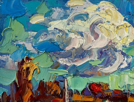 Image 1 of Original Oil Painting Autumn Village Landscape Peace of the sky over the quiet earth