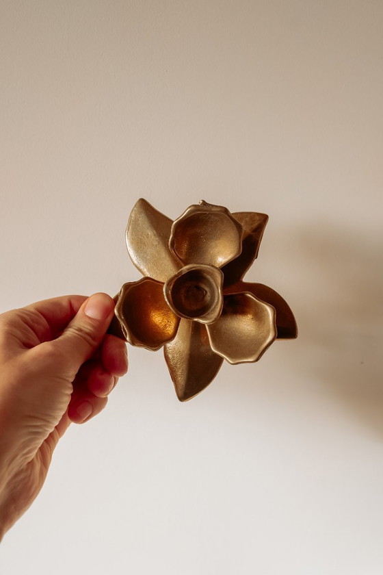 Image 1 of Set of 2 vintage brass flower candlesticks