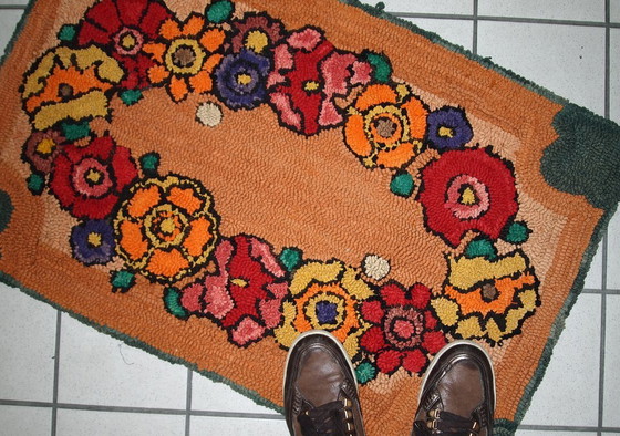 Image 1 of Vintage American Hooked Rug 2'x3' - 1930s Orange Floral