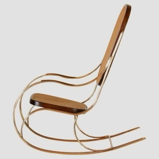 1x 1970s Thonet-Style Rocking Chair, Brass & Wicker, Mid-Century Modern