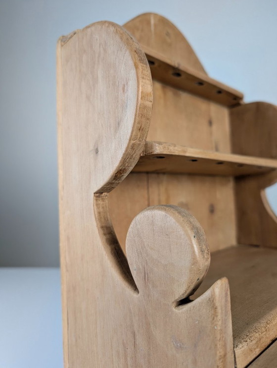 Image 1 of Hand-Carved Folk Art Pine Cutlery Rack with Drawer, 1950s