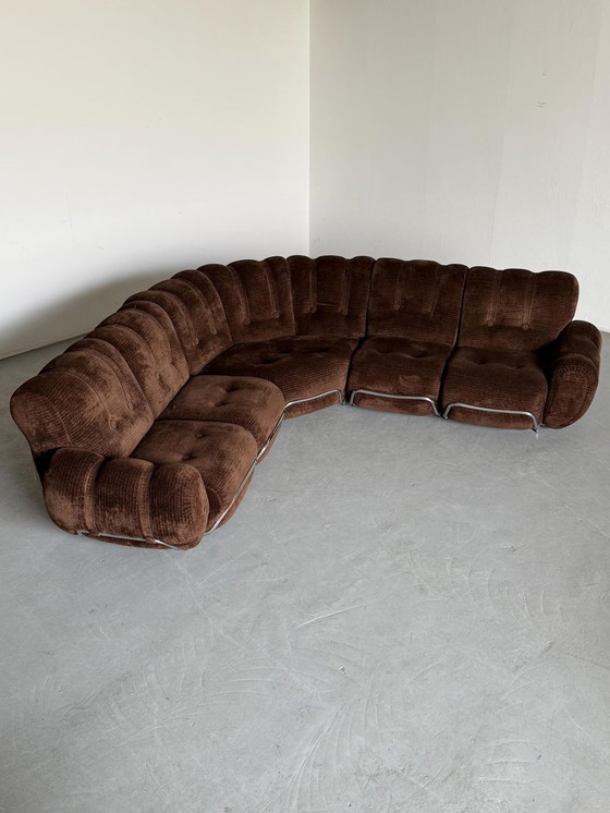 Image 1 of Mid-Century Cloud Sectional Sofa in Dark Brown Striped Fabric Upholstery and Chromed Steel, Italy 1970s