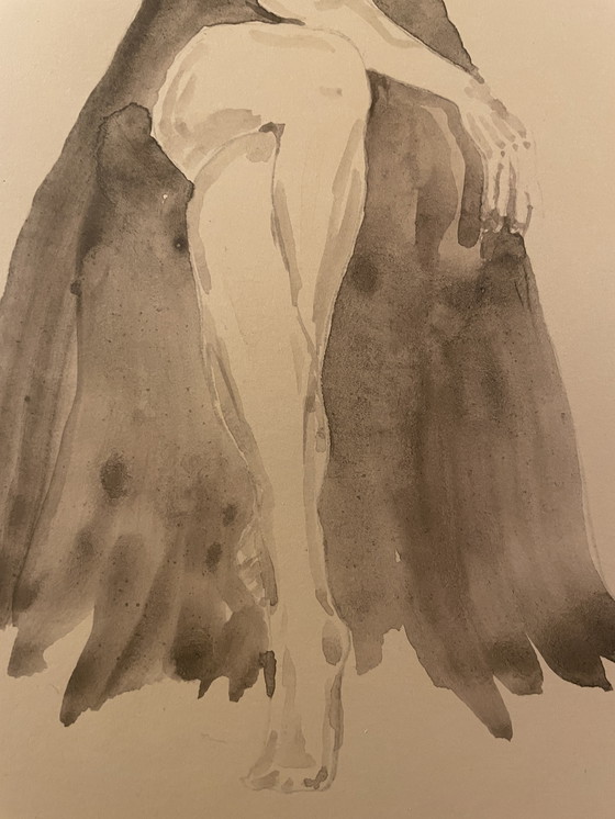 Image 1 of Watercolor Sepia Portrait of a Woman "La Robe Noire" (The Black Dress)