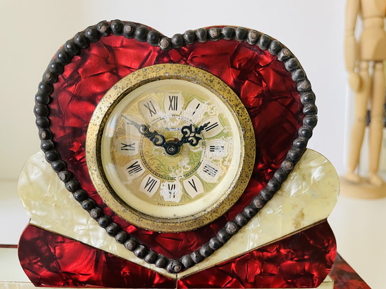 Image 1 of German Art Deco wood mother of pearl silver clock blue opaline glass lamp set with drawers, 1930s