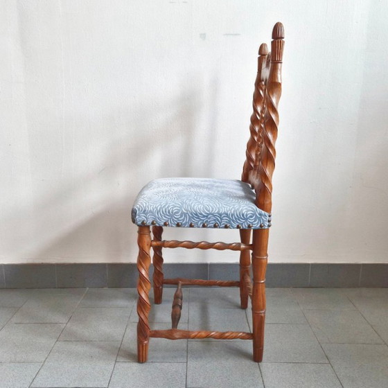 Image 1 of Handcrafted vintage chair from the 1950s in carved wood and velvet, 1950s folk art