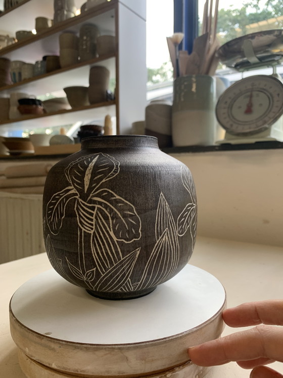 Image 1 of Handmade stoneware vase (ceramic) with irises and metallic glaze