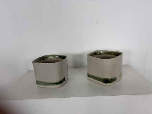 2 Vintage Mobach Tom Bruinsma Groen met Crème Bloempotten jaren’70