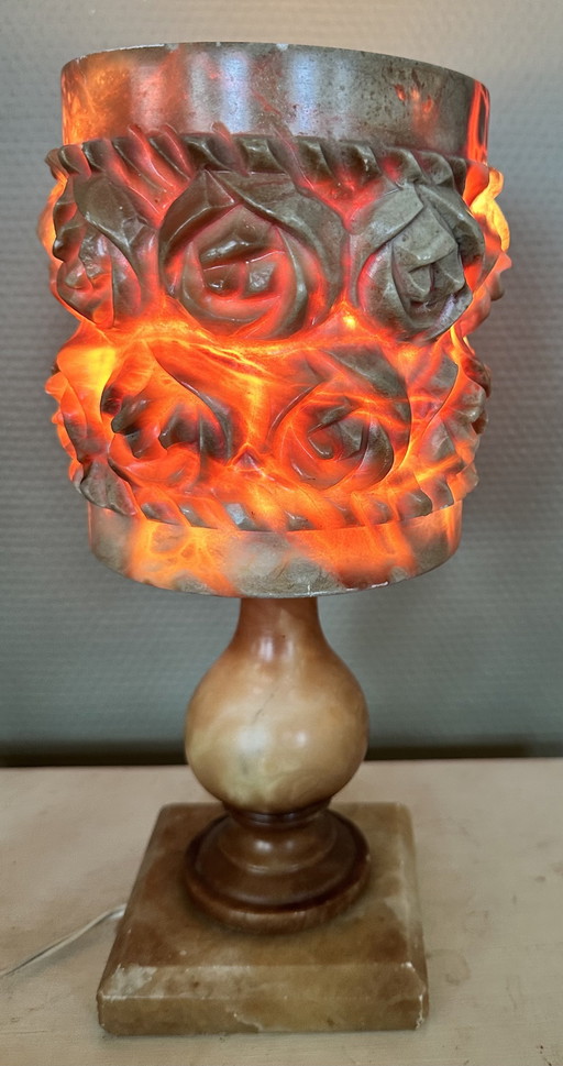 Vintage Onyx Tafellamp – Handgesneden Rozen – Jaren ’50