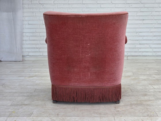 Image 1 of 1970s, Danish armchair, salmon pink furniture velour, oak wood.