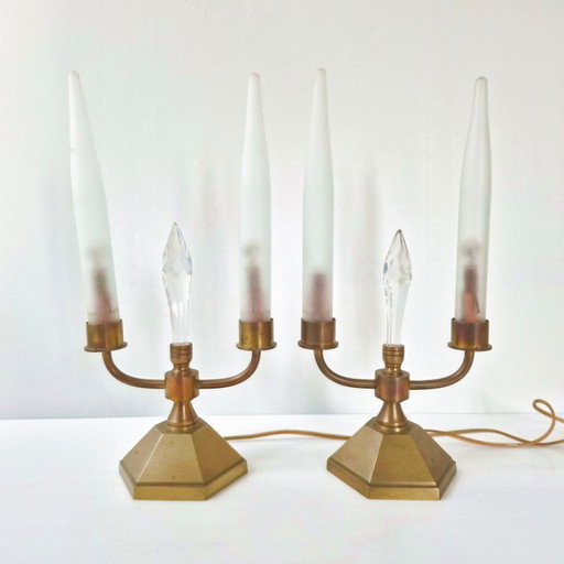 Pair of vintage 1950s brass and glass candle lamps, Art Deco style.