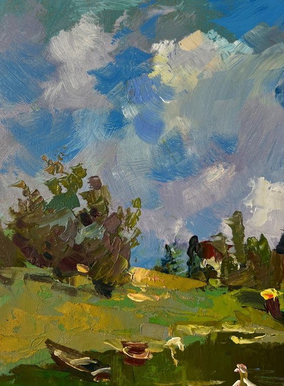 Image 1 of Original Oil Painting Summer River Landscape Fishermen resting near the shore