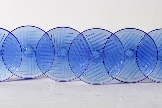 Set van 6 Vintage Glazen met Blauwe Voet / Zeldzame Hoge Tumblers / Zwiesel Glas / Duitsland / Jaren 90 (photo 10 of 11)
