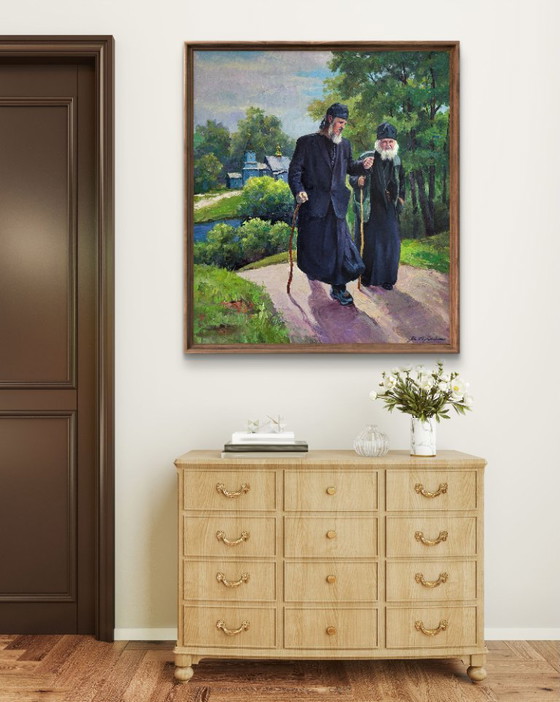 Original Oil Painting Monks Landscape From Sunday Service – Paintings & Drawings, Canvas (photo 3 of 7)